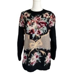 Elegant Floral Knit Sweater - Black and Multicolor